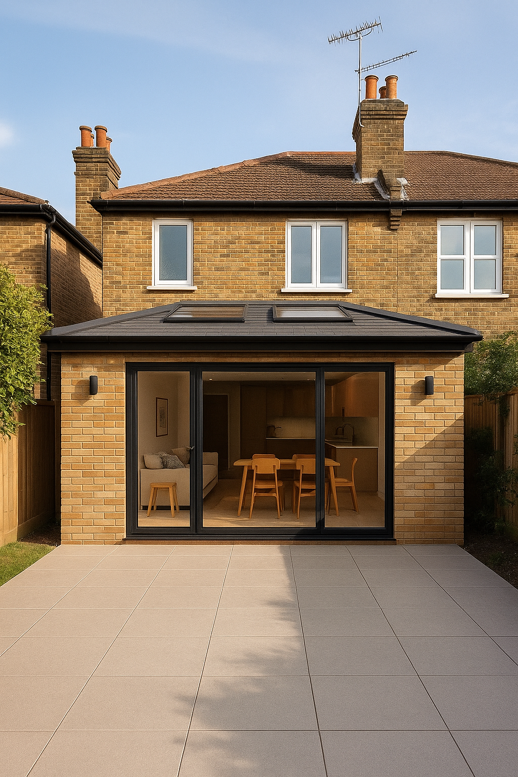 A modern garden office featuring a large sliding door, surrounded by greenery and natural light.